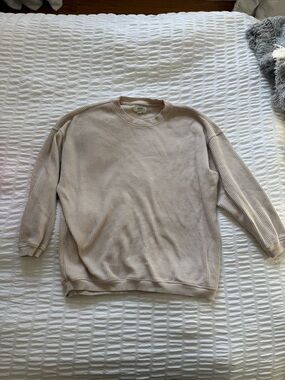 Waffle Knit Crewneck Sweater in Light Beige